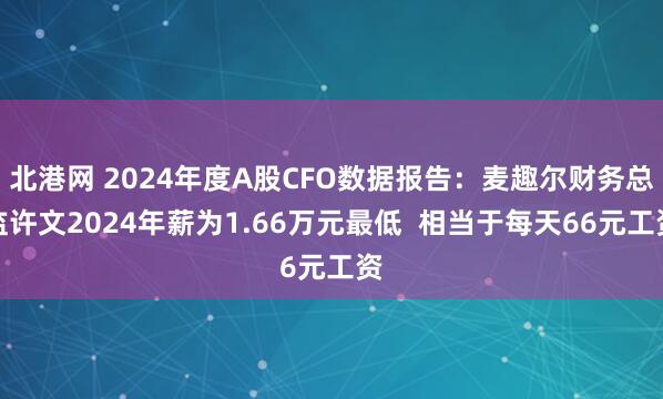 北港网 2024年度A股CFO数据报告：麦趣尔财务总监许文2024年薪为1.66万元最低  相当于每天66元工资